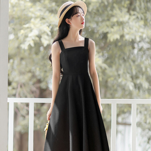 新款 高级感a字赫本风长裙收腰外穿小黑裙ins 吊带连衣裙女2023夏季