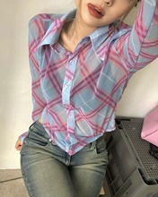 显瘦内搭上衣女 韩版 新款 洋气微透修身 小众设计网格衬衫 Exclusive