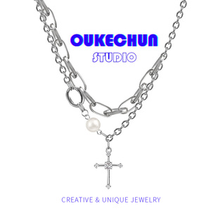 OUKECHUN十字架双层叠戴拼接珍珠项链女ins嘻哈冷淡风锁骨链配饰