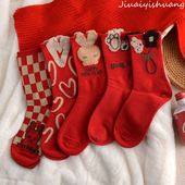 中筒袜属兔新年礼物大红色全棉袜 兔年本命年红袜子女纯棉秋冬季