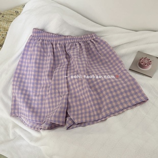 紫薯色」让人心动的颜色！薄款透气洗后软糯格子涤棉短款居家裤女