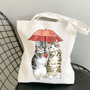 Canvas Tote Bag 卡通戴雨伞的猫咪印花日系大容量单肩帆布包托特