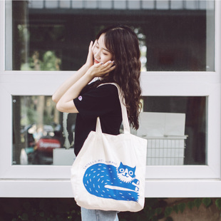 目意思蓝色猫咪日系薄款平纹棉布男女式单肩文艺托特包环保购物袋