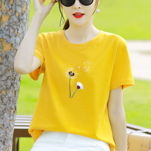 纯棉黄色短袖t恤女士体恤2024年夏装新款宽松夏季女装上衣服正肩
