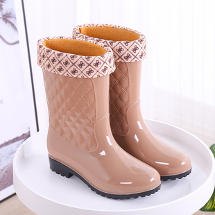 成人加绒水靴 女士中筒保暖秋冬雨靴防滑女式 雨鞋 高筒胶鞋 水鞋 时尚