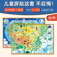 2022版 知识地图套装 饰画小学生趣味知识地图 墙贴装 高清儿童房地理启蒙卡通益智科普百科挂图 共两张 中国地图和世界地图儿童版