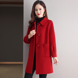 高端秋冬羊毛呢外套 高级感双面羊绒大衣女2023新款 中长款 红色韩版