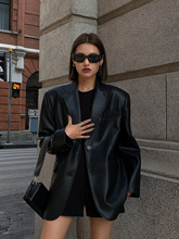 外套女2022秋冬新款 高级质感宽松小西服加厚 ousph黑色PU皮衣西装
