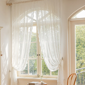 白色蕾丝客厅阳台飘窗门帘短隔断 免打孔魔术贴穿杆窗帘窗纱帘法式