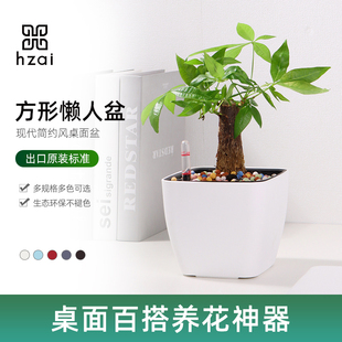 2024年新款发财树懒人自动吸水花盆桌面方形塑料双层简约植物盆栽