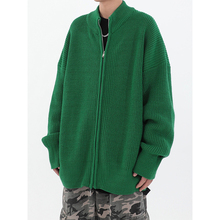 针织毛衣ins 高街宽松绿色时髦拉链立领外套男2023年新款 春季 美式