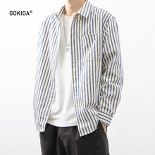 男长袖 潮流宽松休闲复古衬衣外套GQ6179 GOKIGA日系简约条纹衬衫