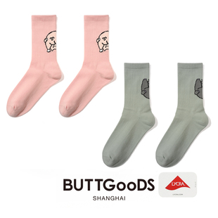 BUTTGooDS粉色小猪袜河马袜休闲个性可爱全棉袜 男女中筒袜子船袜