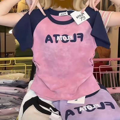 韩版复古短袖t恤女学生辣妹修身夏季新款拼接撞色字母设计ins上衣