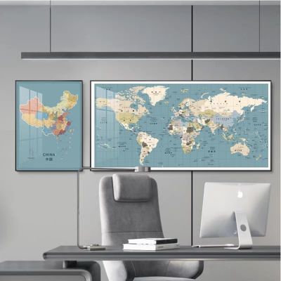 中国世界地图挂画中英文三联客厅沙发书房背景墙装饰画办公室壁画