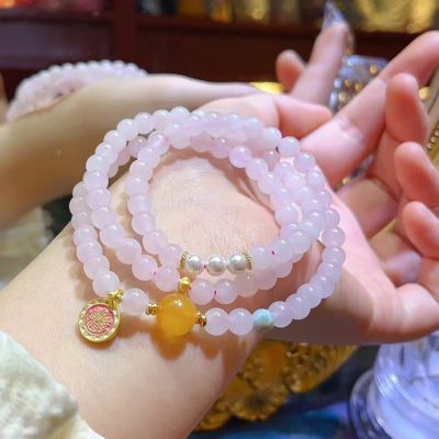 新中式原创设计手串女士天然藕粉色和田玉多圈手链搭配蜜蜡海纹石