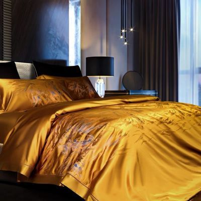 别墅34姆米真丝四件套裸睡丝绸缎100%桑蚕丝金色被套高档床上用品