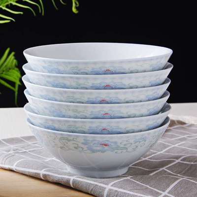 景德镇客家谣6英寸老式陶瓷汤面饭碗大碗家用装菜碗蓝边釉下彩碗