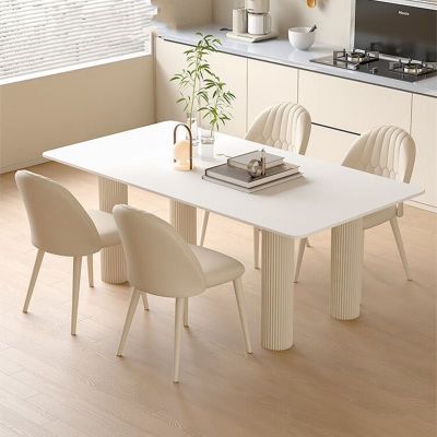 奶油风纯白岩板餐桌轻奢现代法式小户型家用大长餐桌椅组合可靠墙