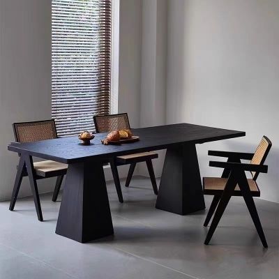 锦桐风新中式黑色实木餐桌现代白蜡木办公桌原木大板长方形工作台
