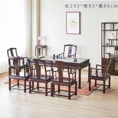血檀2米中式茶桌椅组合别墅会所红木家具茶台办公室公司六椅加厚