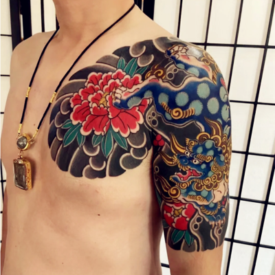 半甲牡丹唐狮纹身贴樱花生首日式纹身传统色男女刺青防水纹身贴纸