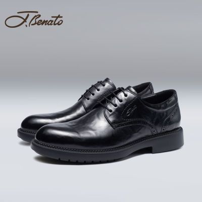 宾度(J.Benato)男鞋男士商务正装皮鞋男复古黑色尖头厚底德比鞋