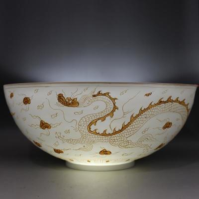 大明永乐甜白釉薄胎瓷沥粉金龙凤纹60厘米大碗古老物件古玩古董