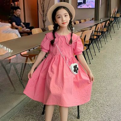韩国女童连衣裙儿童夏季裙子韩版中大童网红纯色女孩泡泡袖公主裙