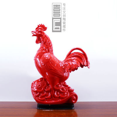 禧匠文创德化陶瓷工艺品摆件红色公鸡 金鸡报福 办公室家居装饰品