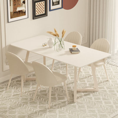岩板餐桌椅组合北欧现代简约奶油风纯白家用餐桌轻奢长方形饭桌子