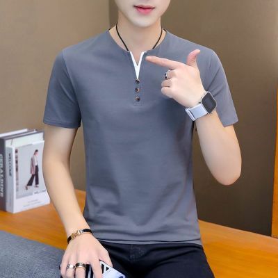 【高品质95%棉】男士V领短袖T恤衫夏季纯色上衣服青少年潮流男装