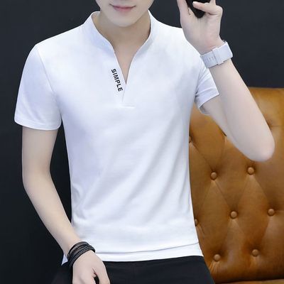 夏季纯棉男士短袖t恤韩版青年男装半截袖V领印花体恤打底衫上衣服
