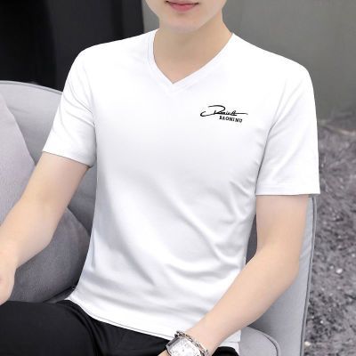 莫代尔纯棉V领短袖T恤男士2023夏季潮流潮牌白色衣服百搭上衣男装