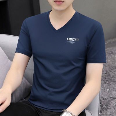 莫代尔纯棉短袖T恤男V领夏季韩版修身百搭男士鸡心领半袖冰丝体恤