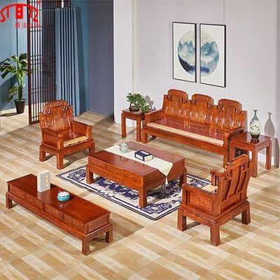 黄泽红木沙发刺猬紫檀中式象头如意福禄寿客厅组合小户型实木家具