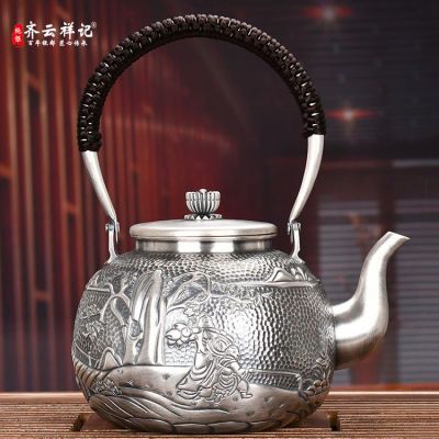 高品质纯银大容量家用仿古茶壶浮雕S999烧水壶纯手工煮水壶