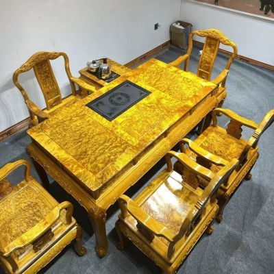 黄金樟茶桌茶台满水波大方茶几圈椅全实木家具简约现代家用雕刻