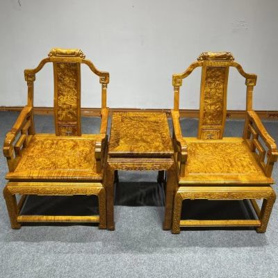 家用黄金樟皇宫椅三件套新中式实木圈椅仿古太师椅阳台会客椅