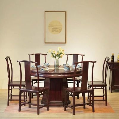 赞比亚血檀圆桌紫檀榫卯中式实木圆餐桌椅子家居清仓组装商用长条