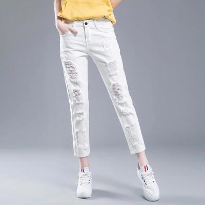 白色牛仔哈伦裤2024年夏季薄款新款高腰宽松显瘦破洞萝卜裤九分裤