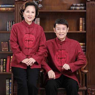 中老年人唐装男中国风过寿外套爷爷奶奶情侣新款爸妈红色结婚礼服