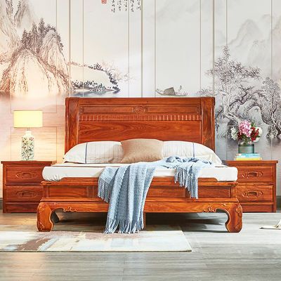 红博堂非洲黄花梨加厚简约大脚床1.8米双人实木婚床卧室家具1.5米