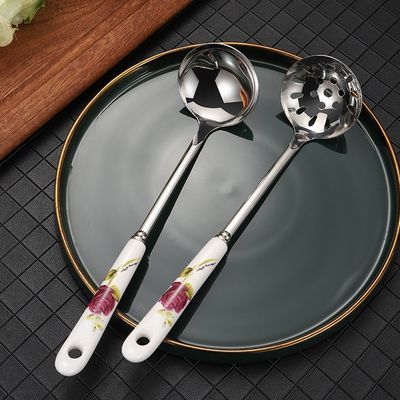 家用粥勺稀饭勺厨具不锈钢长柄青花瓷手柄陶瓷大汤勺火锅汤勺漏勺