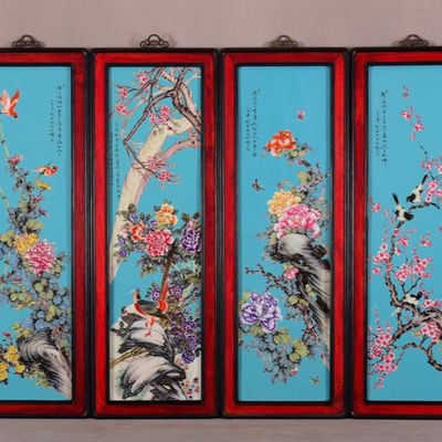 中式陶瓷画四条屏锦堂富贵挂屏名家古典红木框绿底粉彩花鸟瓷板画